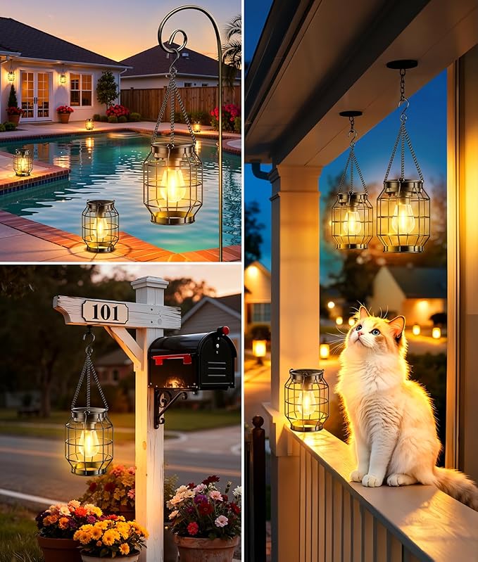 KOOPER Solar Lanterns Outdoor Waterproof, 4 Pack Upgraded Metal Hanging Solar Lights Outdoor Decorative, Brighter Outdoor Hanging Lantern for Yard Patio Pathway Porch Garden Decor, Gift for Women Mom