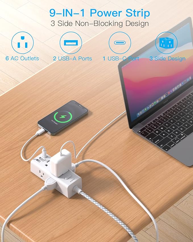 25 Ft Extension Cord with Multiple Outlets - One Beat Flat Plug Power Strip Surge Protector with 25 Ft Long Cord, 6 Outlet 3 USB Ports (1 USBC), Multi Outlet Wall Plug Home Office Dorm Room Essentials