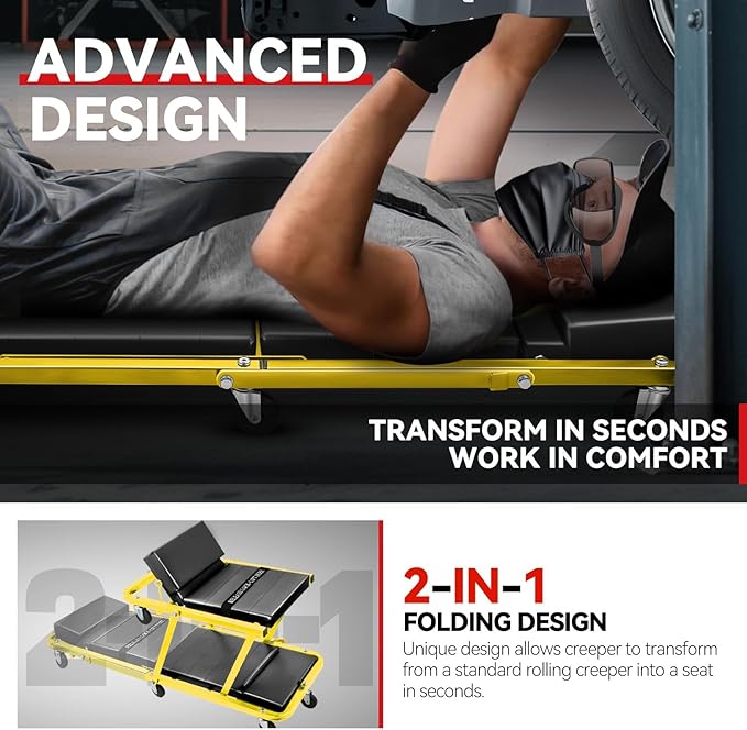 Auto Dynasty 48" Z-Creeper Seat, 2-in-1 Foldable Garage Rolling Creeper Shop Seat, 330 LBS Capacity Automotive Mechanic Under Car Repair Tool, Yellow