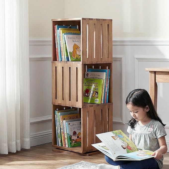 Wooden Rotating Bookshelf, 360°Spinning Deep-Bin Tower for Art Books&Large Formats, Solid Wood Revolving Bookcase, Floor Standing Storage Rack,Corner Organizer,Small Space,study,Office, 5-Tier