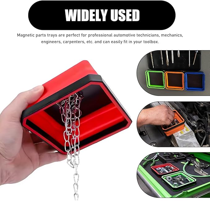2PCS Collapsible Magnetic Parts Tray, 4.5" Square Silicone Tool Tray with Double-Sided Magnetic Base, Foldable Bowls Small Metal Parts Holder for Screws Bolts Nuts Washers (Orange+Red)