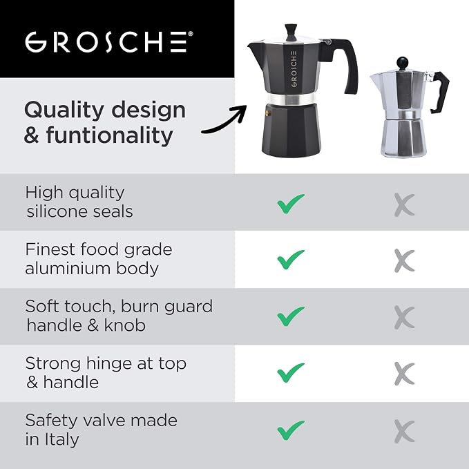 GROSCHE Milano Stovetop Espresso Maker Moka Pot 3 espresso Cup - 5 oz, Black - Cuban Coffee Maker Stove top coffee maker Moka Italian espresso greca coffee maker brewer percolator | Cuban Coffee Maker And Italian Moka Pot For Stovetop Espresso; For Gas...