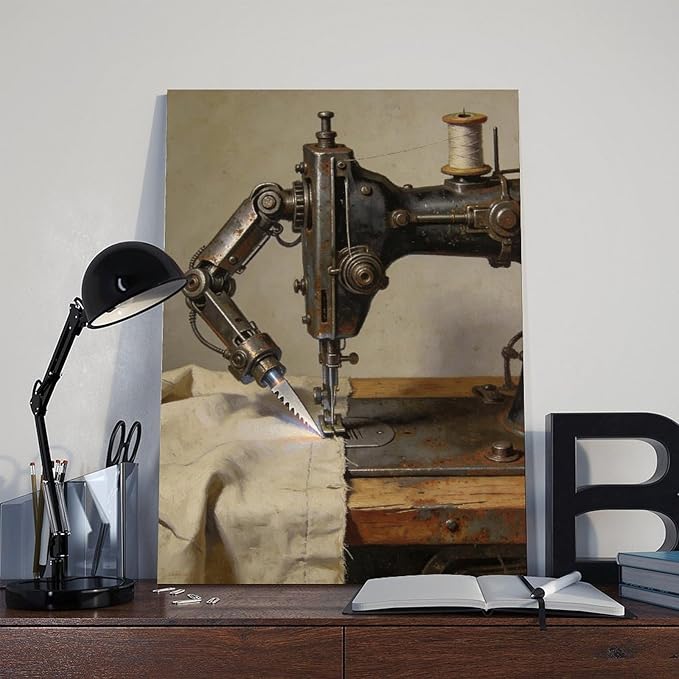 Framed Steampunk Mechanical Sewing Machine Wall Art - Retro Industrial Workshop Poster for Home Office Studio Decor 20x30inch(50x75cm)
