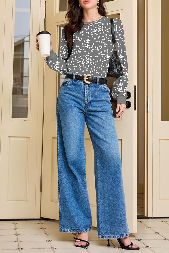 EVALESS Womens Crewneck Long Sleeve Tops Casual Polka Dots Tops Fall 2026 Tshirts Shirts