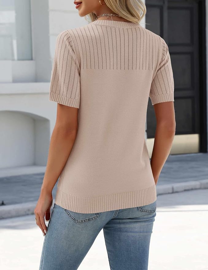 Zeagoo Women's Short Sleeve Sweater Tops 2026 Spring Summer Crew Neck Hollow Out Blouses Dressy Business Casual Outfits