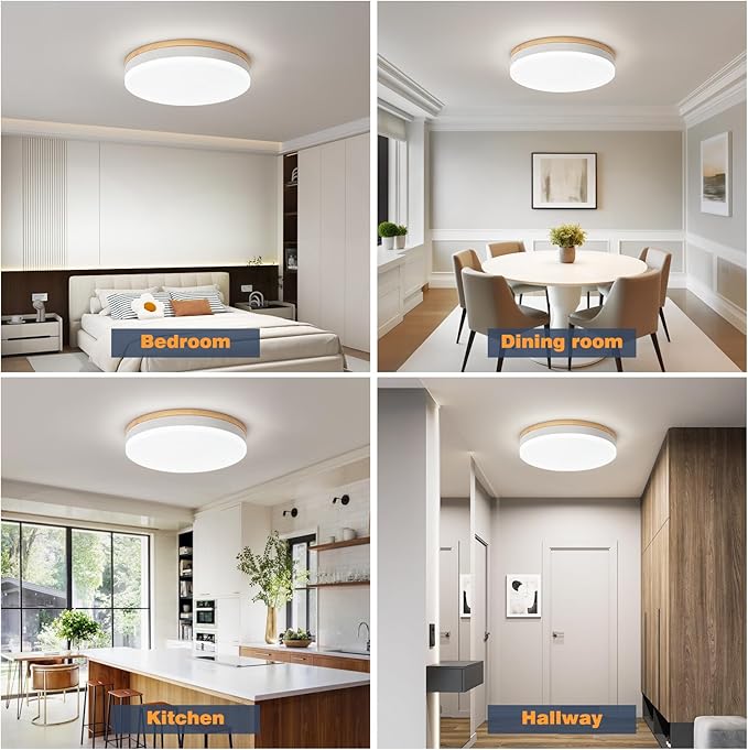 Modern Dimmable White Ceiling Lights with Remote, 11.8in Wood Flush Mount Ceiling Light Fixtures, 24W 3000K-6000K Color Adjustable, 2200LM Round Ceiling Lamp for Bedroom, Kitchen, Hallway