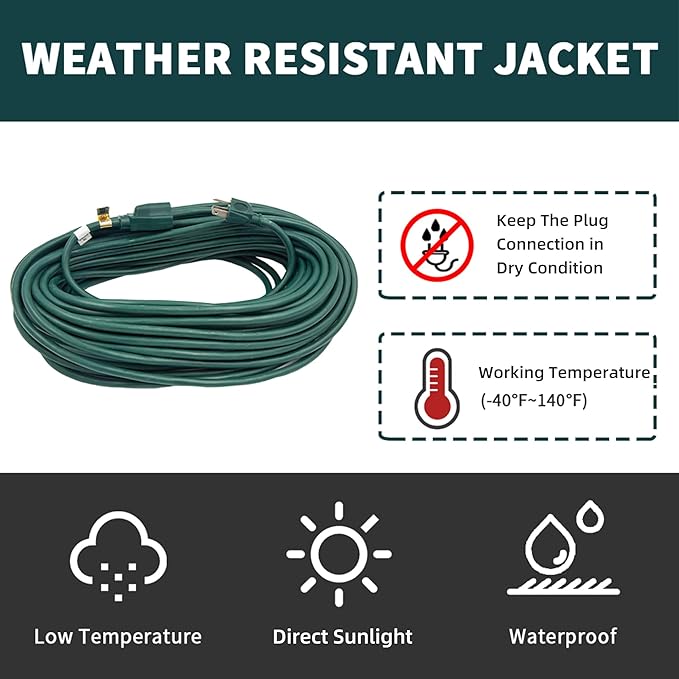 8FT Outdoor Extension Cord-16/3 SJTW Durable Green Extension Cable with 3 Prong Grounded Plug for Safety,Great for Outside Christmas Decorations