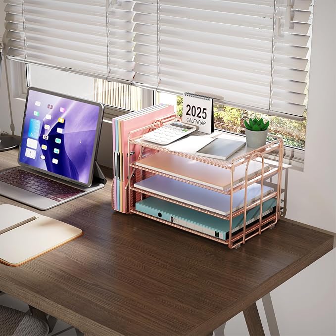 gianotter 4-Tier Paper Organizer With Magazine Holder | Desk Organizers and Accessories, File Organizer for Office Supplies Storag (Rose Gold, 4-Tier)