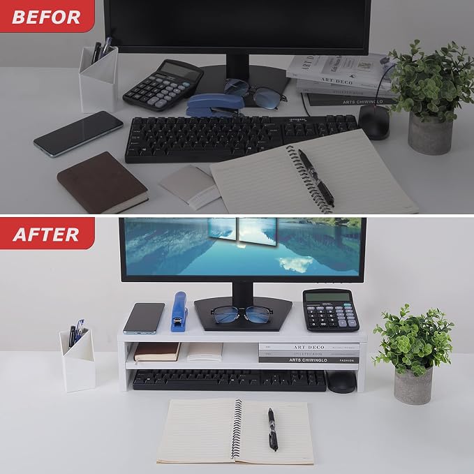 BEYGORM Monitor Stand Riser White, 21.6 inch 2 Tiers Wood Desk Shelf Computer Screen Stand with Storage for Desktop Laptop/Screen/TV/PC/Printer, Desk Shelf Organizer 21.6" L x 7.8" W x 5.2" H | For Full Keyboard, Computer Screen Stand with Storage for ...