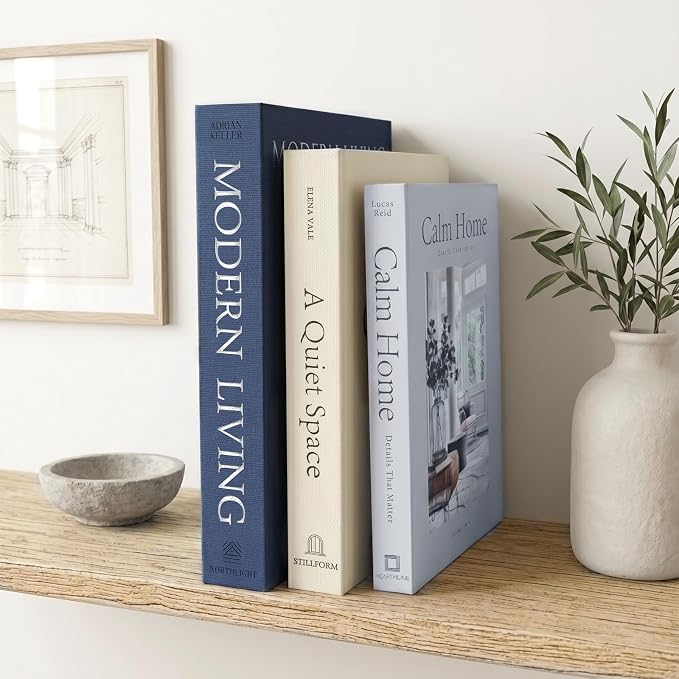 OuMuaMua Decorative Books for Home Decor, Set of 3 Stackable Fake Books for Coffee Table Bookshelf Decor, Modern Aesthetic Decorative Book for Home Living Room Bedroom Office Decoration, Blue