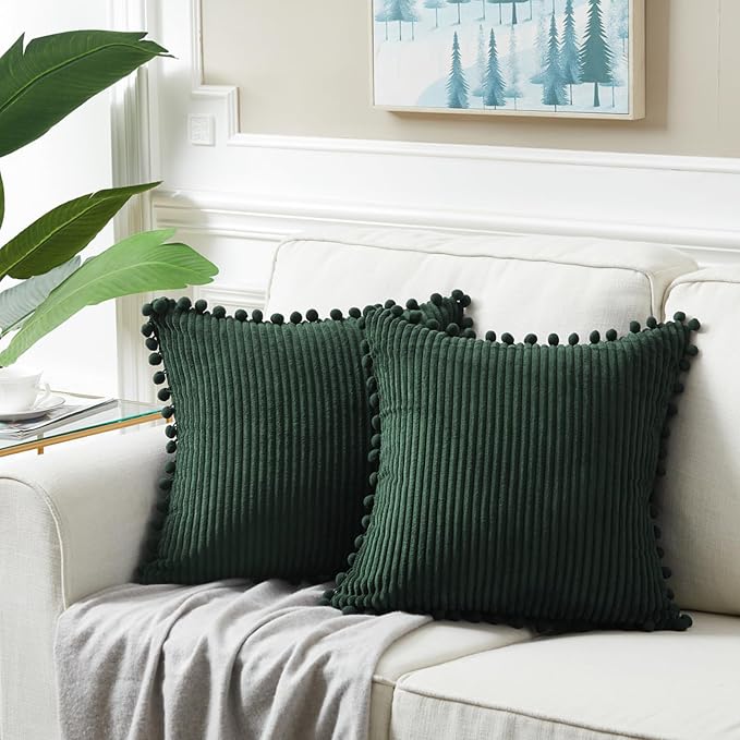 Fancy Homi 2 Pack Dark Green Small Decorative Throw Pillow Covers 12x12 Inch with Pom-poms for Couch Bedroom, Soft Corduroy Solid Rectangle Cushion Case 30x30 cm, Farmhouse Boho Home Decor