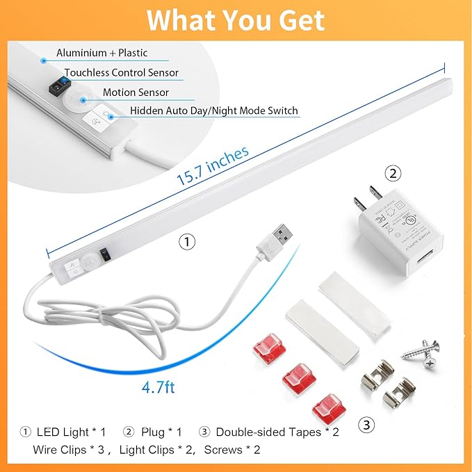 Improved 15.7" Touchless USB Plug-in LED Motion Sensor Under Cabinet Light, Super Bright & Dimmable, Motion Sensor Light Indoor for Kitchen, Cabinet, Closet, Pantry - Cool 2Pack