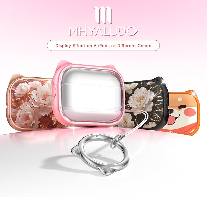 for AirPods Pro 2 Case with Cleaning Kit, Cute Cat Ear Print Design & Cute Buckle for Girls, Phone Holder & Top Safe Lock Buckle Design for AirPods Pro 2nd/1st Gen case, Clear Flowers
