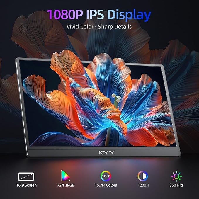 KYY Portable Monitor for Laptop with Built-in Stand, 15.6'' Laptop Screen Extender 1080P FHD Monitor