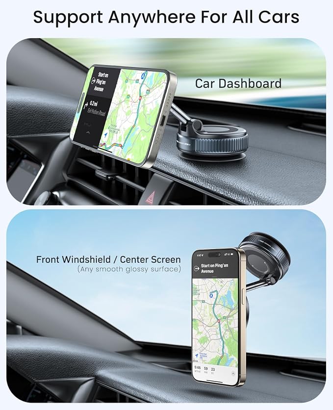 Jononser Magnetic Suction Cup Phone Mount for Magsafe, 360�� Adjustable Magnetic Car Phone Holder, Pocket Size Foldable Car Mount, Cell Phone Holders for Your Car for iPhone 17 16 15 14 13 12 Series