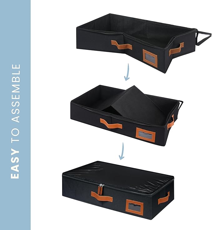 OrganiHaus Under Bed Storage Containers, Bedroom Storage and Organization Bins, Clothes Organizer for Closet with Clear Cover and Reinforced Handles - Set of 2 33x17x6 inches Black