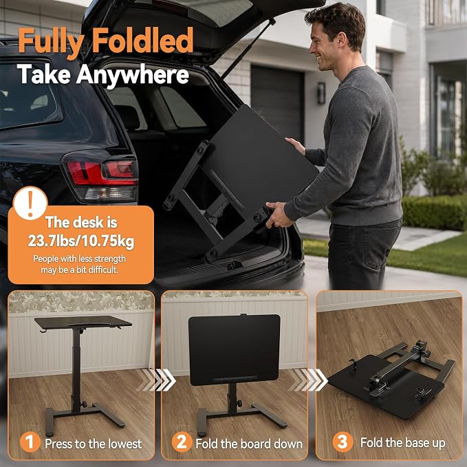 Monomi 25“ Mobile Folding Desk,Pneumatic Sit-Stand Table,No Assembly,Black | Height Adjustable Rolling Laptop Desk,Space-Saving Portable Small Desk with Wheels,Ideal for Home Office,Craft & Study