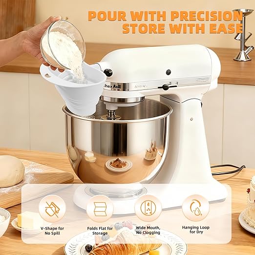 Flour Funnel for Kitchen Aid Mixer with Spatula & Brush Set - Silicone Collapsible Stand Mixer Attachment Compatible with KitchenAid 4.5-5 QT Tilt-Head (KSM150), Mess Free Dishwasher Safe (White)