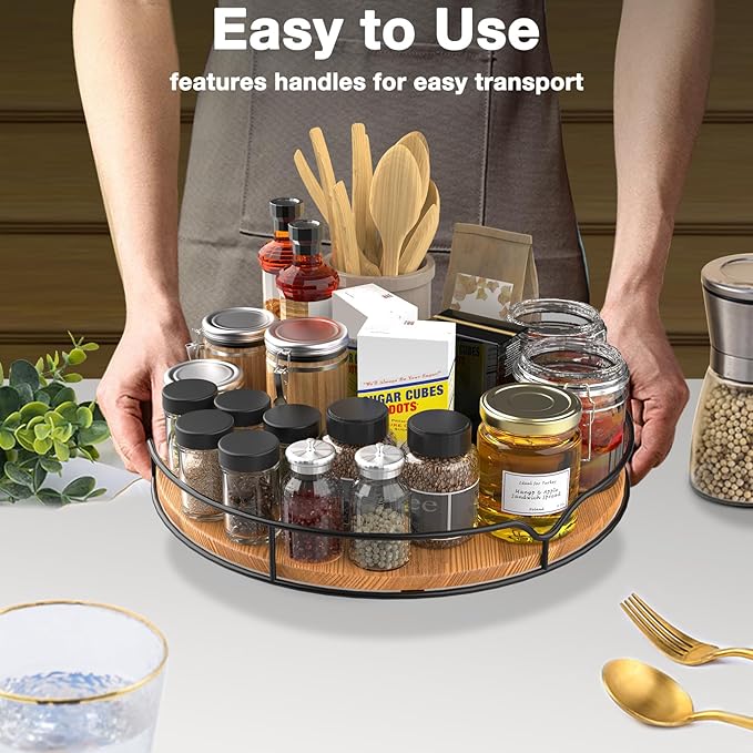 Lazy Susan Turntable Organizer for Cabinet Pantry Kitchen Countertop Refrigerator Cupboard, Pine Wood (Carbonized Black, 14“)