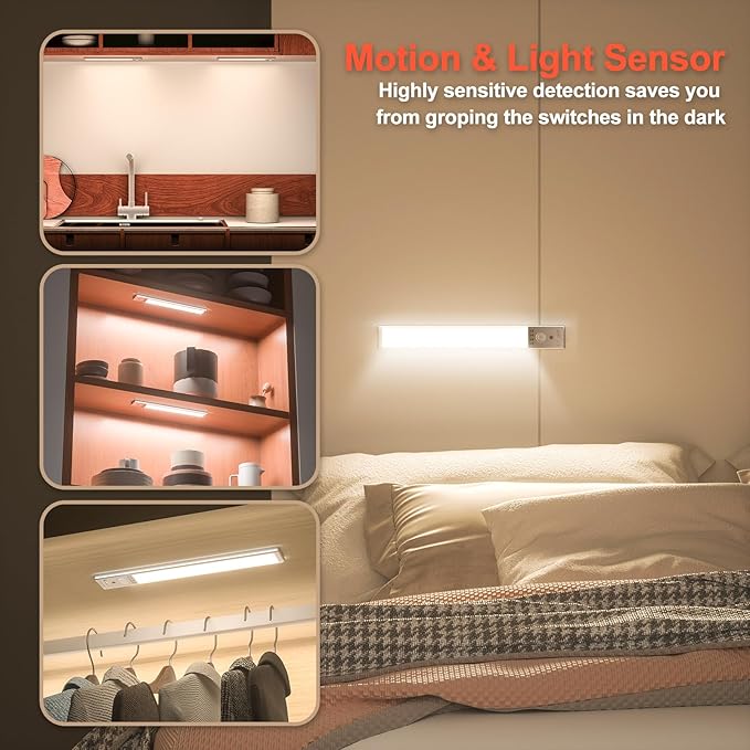 Under Cabinet Lighting, 4Pack Motion Sensor Light Indoor with 3 Color Temps, Rechargeable Under Counter Lights for Kitchen,Dimmable Closet Lights Battery Operated, 76 LED Motion Sensor Light Indoor