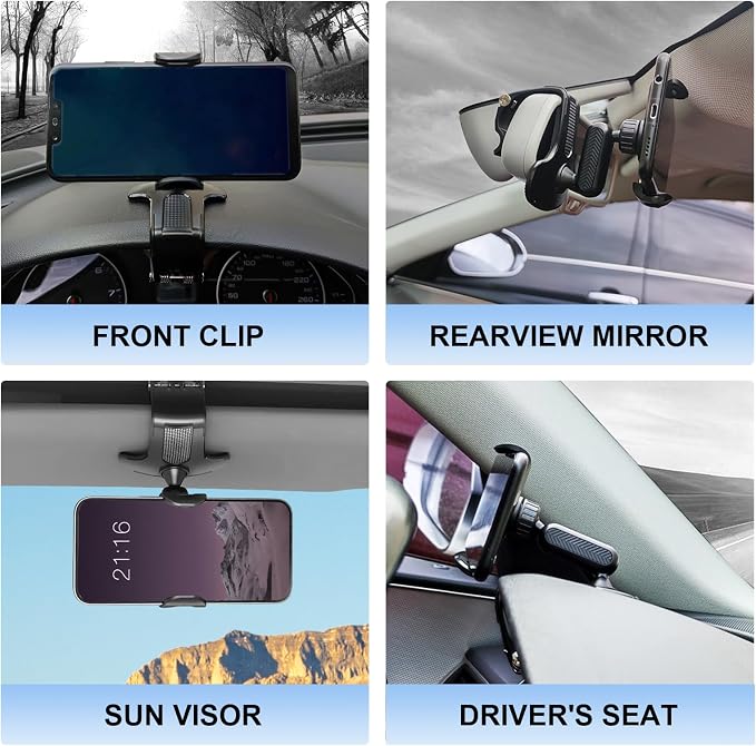 Car Phone Holder Mount, 360 Degree Rotation Car Dashboard Phone Holder, Universal Anti-Shake Dash Steering Wheel Cellphone Clamp Mount Stand for 4-7 Inch Smartphones (Black)