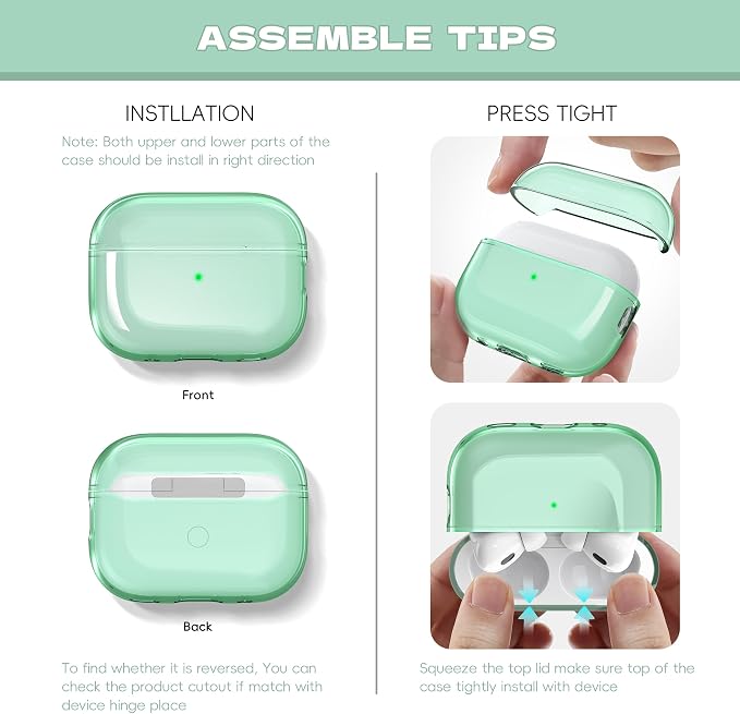 for Airpods Pro 2nd/1st Generation Case Cover, Compatible with Airpods Pro Case 2nd Gen USB C Charging Port, Clear Soft Transparent Military Grade Shockproof Case, Clear Green