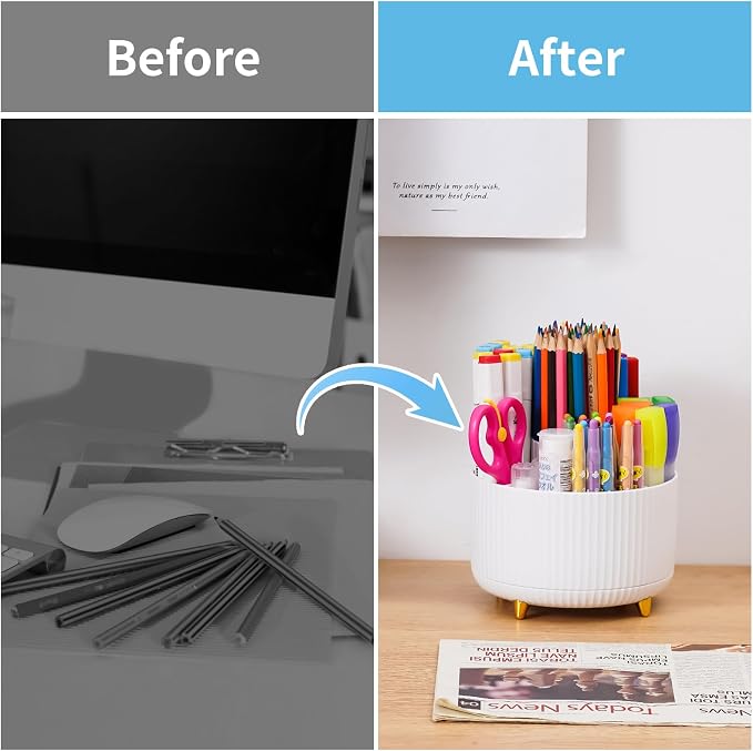 Marbrasse Desk Organizer, 360-Degree Rotating Pen Holder, Desk Organizers and Accessories with 5 Compartments Pencil Holder, Art Supply Storage Box Caddy for Office, Home(White)