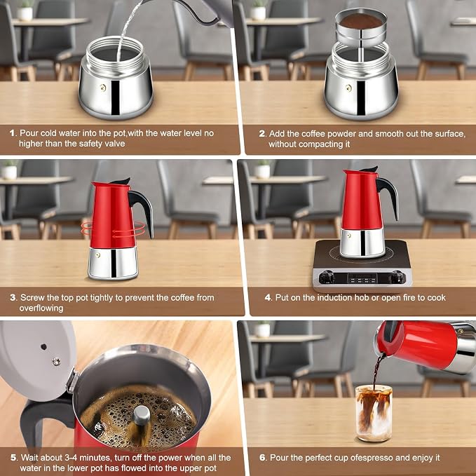 2 Cup Stovetop Espresso Maker Stainless Steel Moka Pot Stove Top Percolator Italian Coffee Makers Capable Mocha Greca Machine Cafe Classic Induction Cookers for Home and Camping 100ml 3.3oz