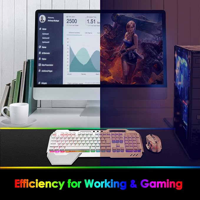 Wireless Gaming Keyboard and Mouse,RGB Backlit Rechargeable Keyboard Mouse with 5000mAh Battery Metal Panel,Removable Hand Rest Mechanical Feel Keyboard and 7 Color Gaming Mute Mouse for PC Gamers