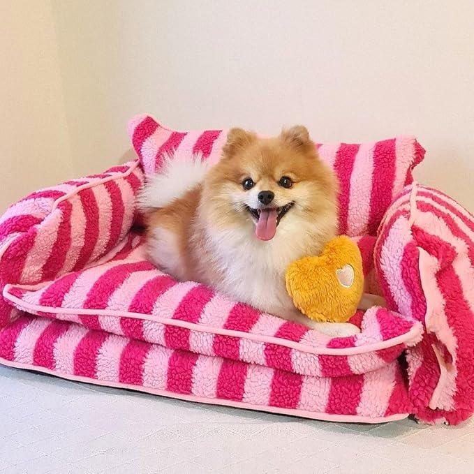 Lazy Holiday Plush Cozy Dog & Cat Sofa Bed, Teddy Velvet Dog Bed, Trendy Striped Faux Lambswool Double Layer Dog & Cat Sofa Bed Dogs Sleeping Mat for Medium Small Dogs & Cats (Black and White,M)
