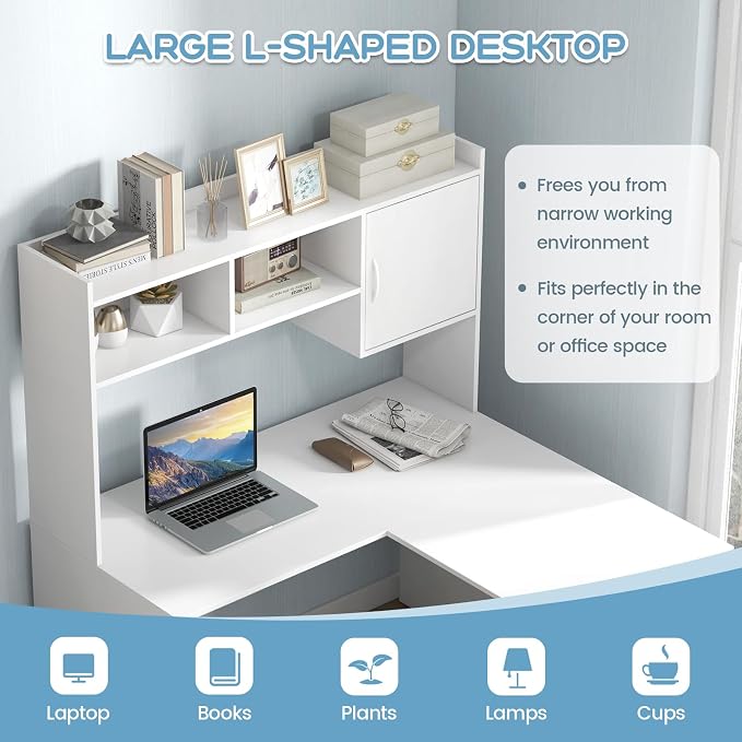 Tangkula L-Shaped Desk with Storage Hutch, Corner Computer Desk with Shelves & Cabinet, Modern Writing Study Table for Home Office, Laptop PC Workstation, White