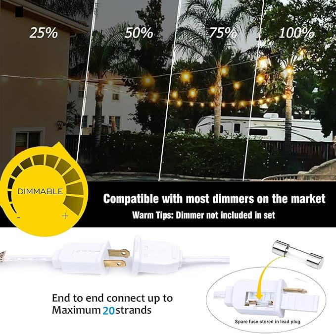 400FT White String Lights for Outside with 200+8 Extral LED G40 Bulbs Globe String Lights White Cord for Patio Pergola Gazebo Wedding Decoration, 4 x 100FT Connectable