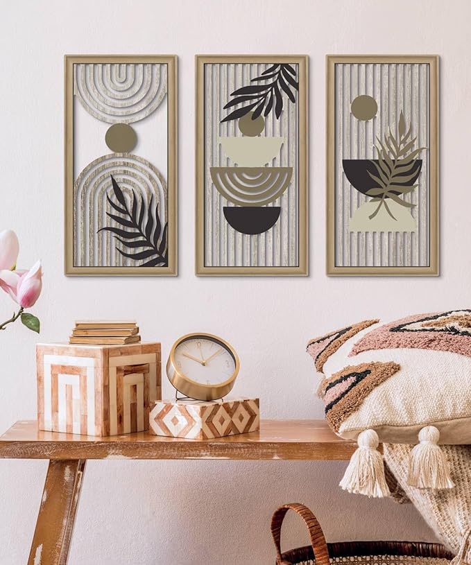 Putuo Decor Boho Abstract Wall Art, Set of 3, Modern Geometric Botanical Wooden Wall Decor, Mid-Century Minimalist Framed Artwork, Neutral Toned Aesthetic Prints, for Living Room, Bedroom, Office