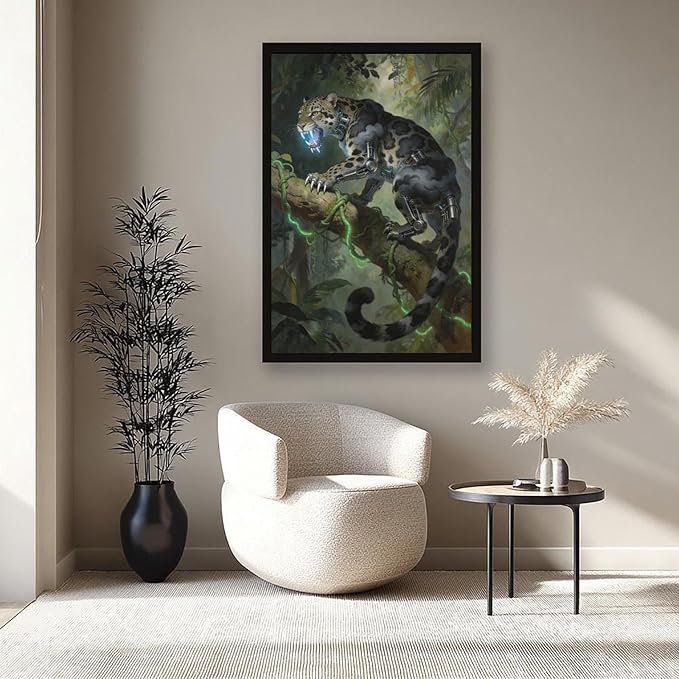 Framed Steampunk Mechanical Leopard Wall Art - Jungle Futuristic Beast Poster for Man Cave Living Room Decor 24x36in