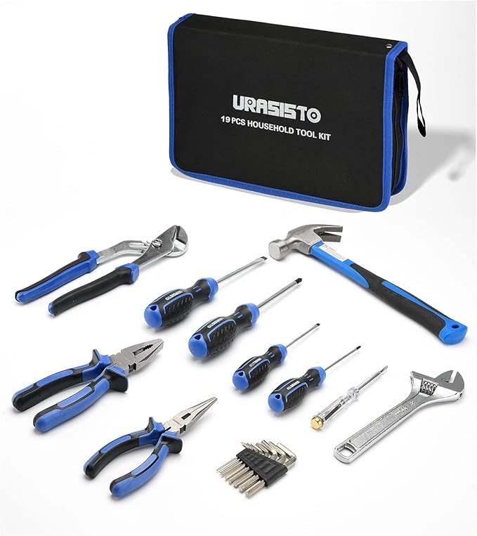 URASISTO 19-Piece Home Tool Kit Hand Tool Set with Easy Carrying Pouch Perfect for DIY, Home Maintenance