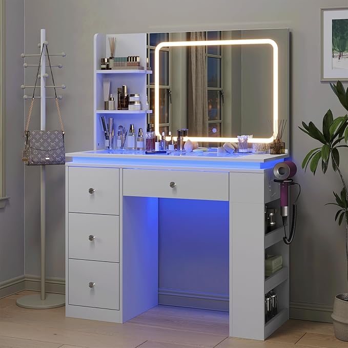 White Vanity Desk with Illuminated Mirror & Power Outlet, Bedroom Dresser LED Mirror Stepless Dimmable & 3 Color Modes Adjustable RGB Drawers, for Women Girls Bedroom(Pure White