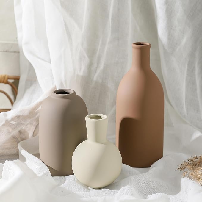 Ceramic Vases Set of 3, Modern Neutral Rustic Farmhouse Home Decor Pottery Pampas Decoration for Living Room, Table, Bathroom, Bedroom, Entryway - Brown