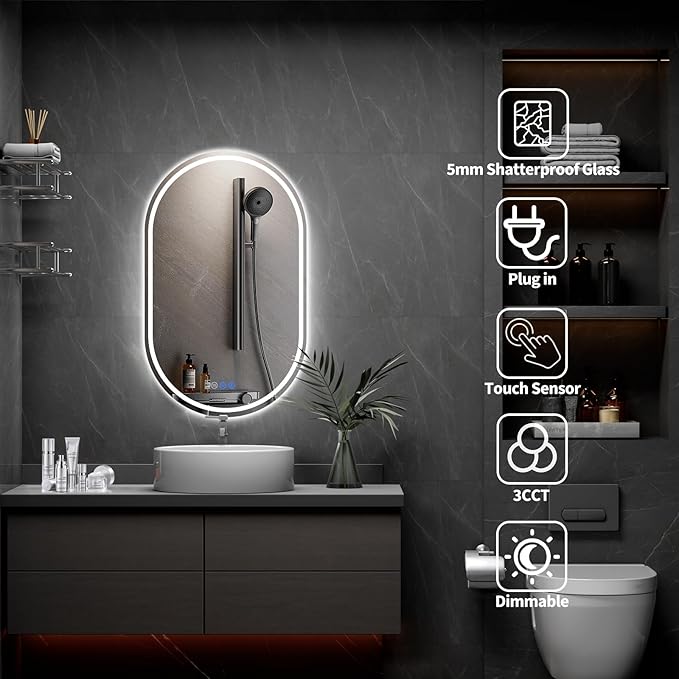 Oval LED Bathroom Mirror, 24"x 48" Frameless LED Mirror with Front Light and Backlit, Anti-Fog, Dimmable Modern Wall Mounted Lighted Mirror,Pill-Shaped Smart Mirror Bathroom