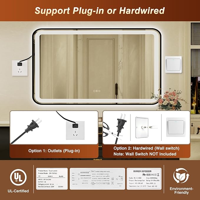 36x60 Inch LED Bathroom Mirror with Black Frame,Front and Backlit Vanity Mirror, Stepless Dimmable Wall Mirrors with Anti-Fog, 3 Colors, Memory, Waterproof, LED Smart Bathroom Mirror
