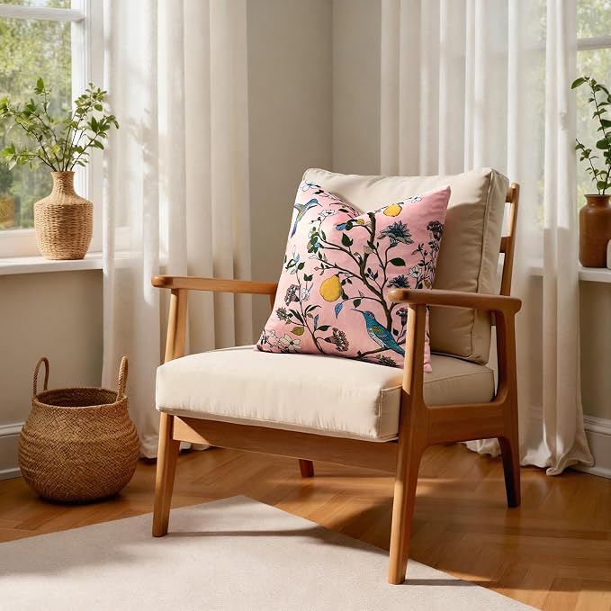 MUSSEL Light Pink Velvet Floral Decorative 20x20 Pillow Covers Set of 2 | Durable Sturdy,Botanical Printed Pattern,Throw Pillows Case,Square,Colorful Mid Century Cushion Covers,Sofa Couch Decor