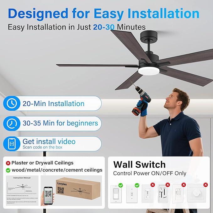 52” Smart Ceiling Fan with Lights Remote,Ultra Silent DC Motor,Control via Alexa Google Voice App Wifi,Outdoor Indoor Modern Ceiling Fans for Bedroom Patio Porch,Dimmable,Black Walnut Brown