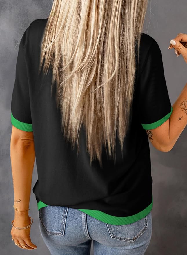 Dokotoo Womens Tops 2026 Casual Summer Crewneck Short Sleeve Striped Color Block Knit High Low Trendy Pullover Sweaters
