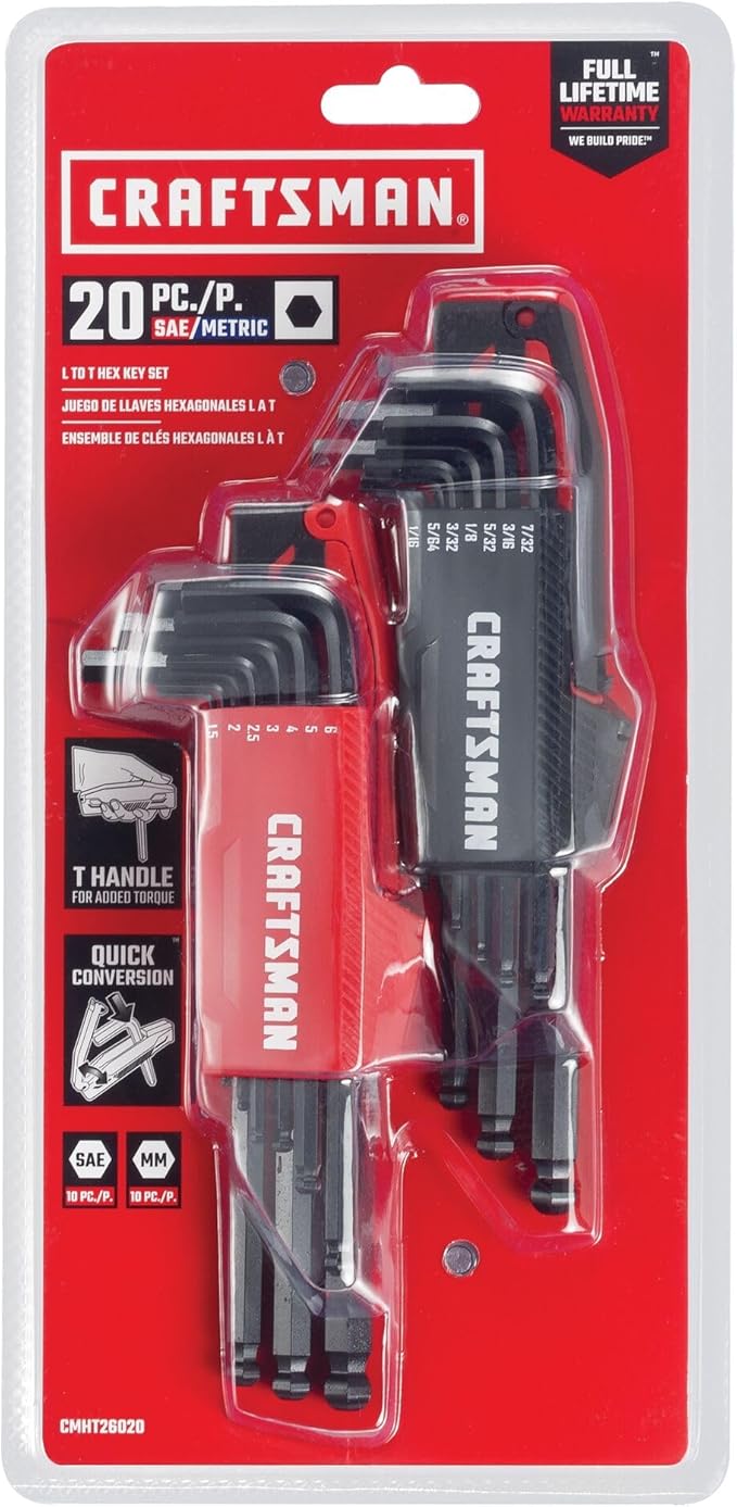 CRAFTSMAN Hex Key Allen Wrench Set with Ball-End, SAE/MM, 20 Piece (CMHT26020)