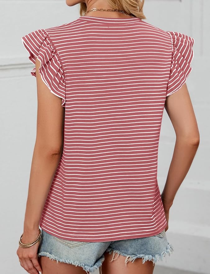 JUSTFASHIONNOW Womens Summer Tops Striped T-Shirts 2026 Ruffle Short Sleeve Crew Neck Casual Blouses with Pocket