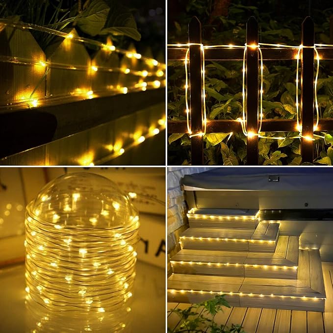 Solar Rope Lights, 66ft 200LED Solar String Lights, 8 Modes Waterproof Solar Powered Outdoor Light, Flexible Clear Tube Light for Garden, Backyard, Patio, Deck, Porch, Pool, Tree Decor - Warm White