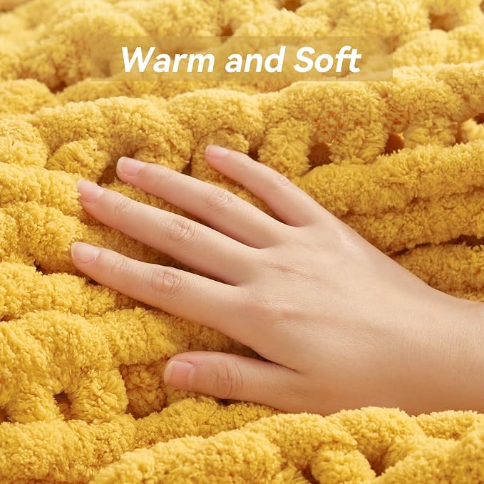 Negwoo Chunky Knit Throw Blanket, Knitted Throw Chenille Yarn, 50"*60" | Soft Thick Cable Knitted Blankets, Handmade Big Thick Blanket, Machine Washable Cute Comfy Blanket for Home Decor, Yellow