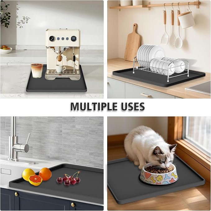 Silicone Coffee Mat 16"x16", Single Piece Anti-Vibration Under Coffee Maker Mat, Non-Slip Espresso Machine Mat with 10mm Raised Edge, Noise Reduction Countertop Protector, Fits Breville Ninja Keurig