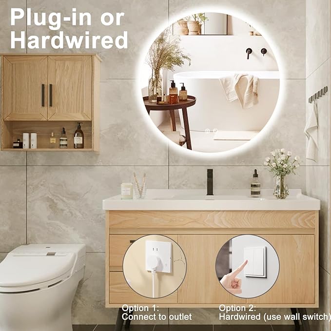 36 Inch Round LED Bathroom Mirror Backlit Anti-Fog Wall Mounted Lighted Bathroom Vanity Mirror 3 Colors Light Dimmable Smart Makeup Mirror with Touch Switch