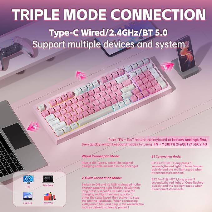 LEOBOG x Aula Pink Keyboard Wireless Creamy Computer Gaming Keyboards | Silent Membrane Keyboard, 98 Keys 2000mAh Quiet Creamy Keyboard with Number Pad, Rechargeable, for PC Mac Office Dorm Rooms