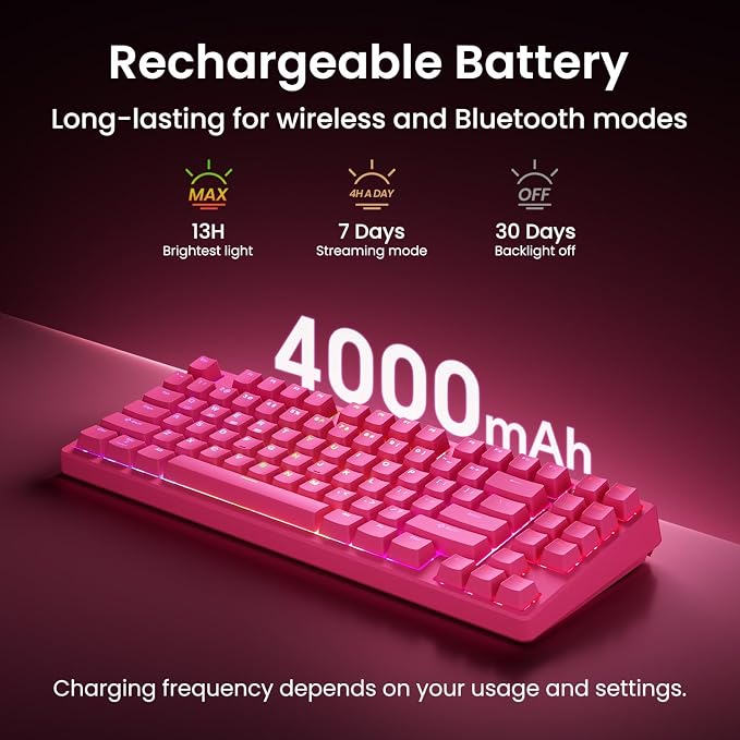Kisnt KN85 Wireless Silent Mechanical Keyboard, 75% Layout, Bluetooth/2.4GHz/USB-C, Custom RGB Backlit, Hot Swappable, Quiet Typing for Windows/Mac/PC (Berry Red)
